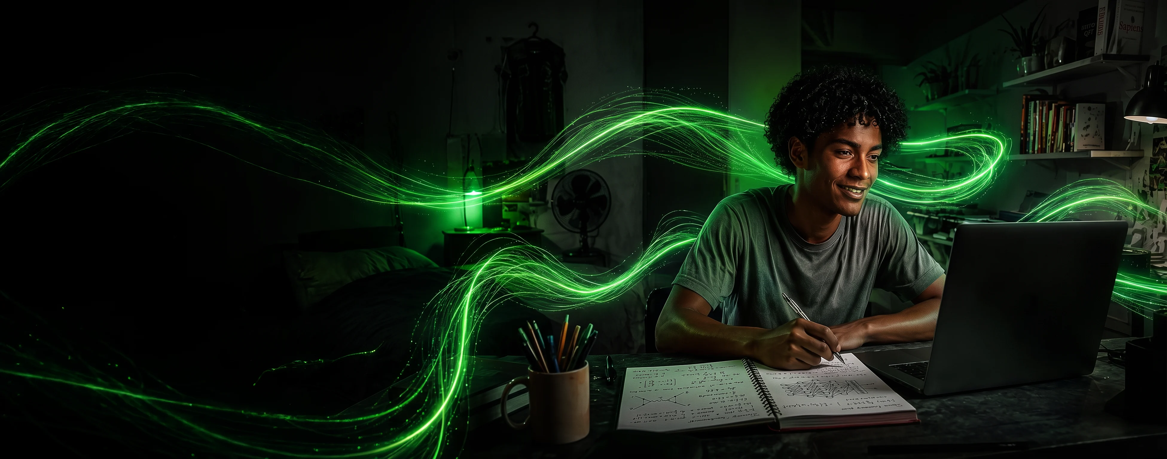 Jovem estudando com notebook conectado à internet fibra Giga Speed